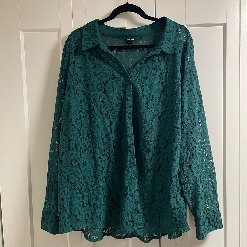 Torrid Madison Lace Button Down Blouse Shirt Green Plus Size 4 4X - Picture 3 of 9